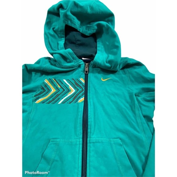 Nike Hoodie Green Zip Girls Boys Size M Green with Asymmetric Graphic - Picture 2 of 9